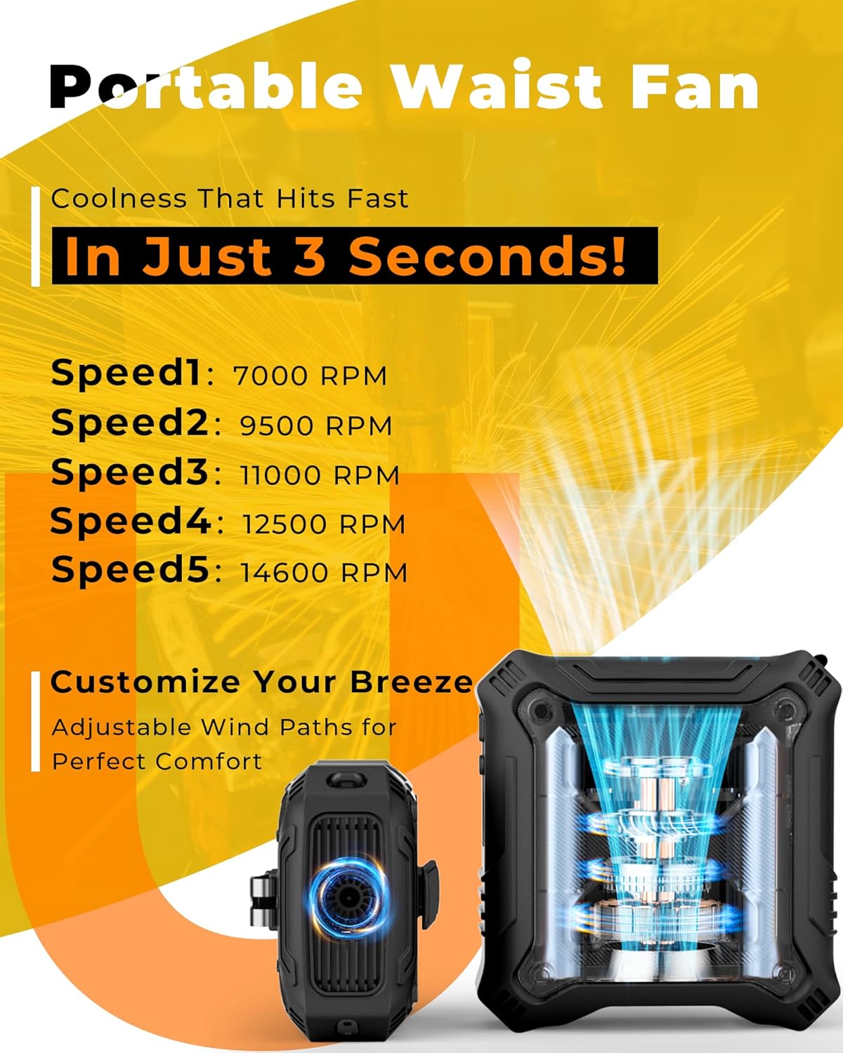 TUNISE Portable Fan - 5-Speed Dual-Sided Clip-On Waist Fan with 8000mAh Power Bank & Flashlight