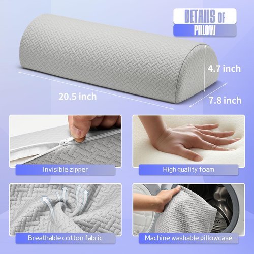 Ceueyso Knee Pillow for Back Sleeping - Under Leg Support Pillow for Sleeping on Back, Half Moon Leg Bolster Pillow for Lower Back and Head (Light Grey)