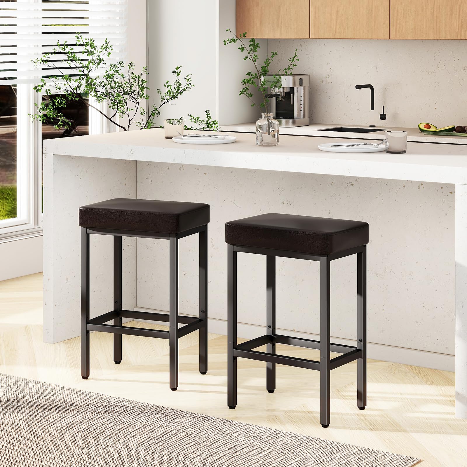 YMYNY 26 Inch Counter Height Bar Stools Set of 2, Dark Brown Modern Kitchen Barstools with Metal Leg, Bar Stool Chairs for Kitchen Island Counter Breakfast Bars Living Room Party, UHBS513K