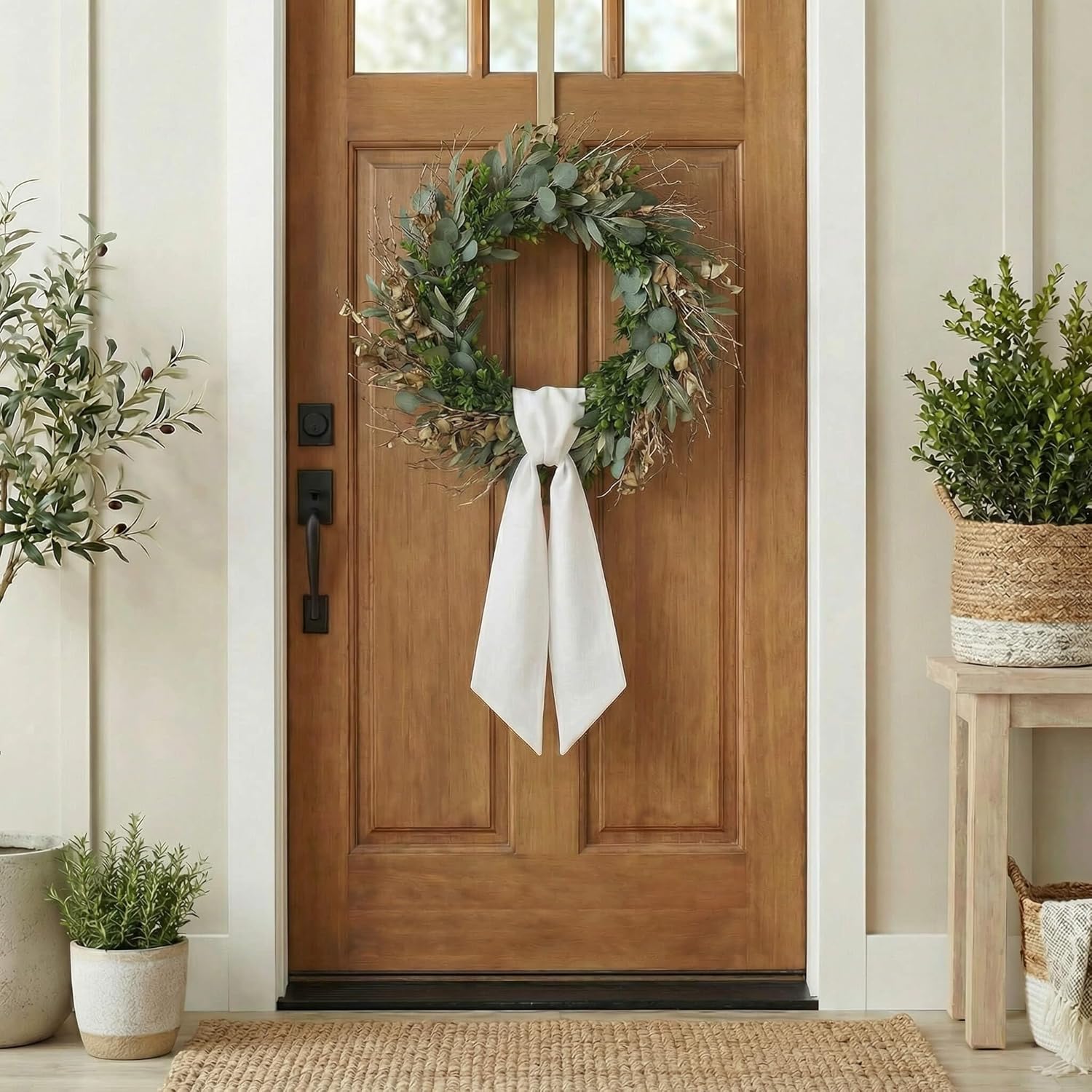 Skiennix White Linen-Style Wreath Sash - 2 Pieces, 55"x5.1" Blank Ribbon for DIY Embroidery & Monogram Holiday Decor