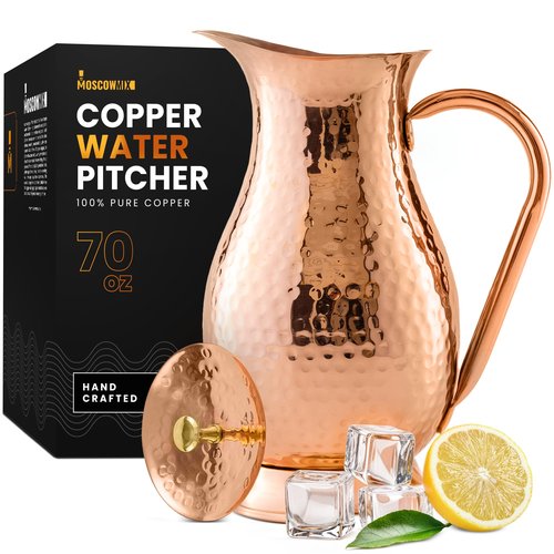 Pure 100% Copper Water Pitcher with Lid - 70 oz Large Copper Jug for Drinking Water - Heavy Duty Handcrafted - Bedside Carafe Vessel Ayurveda Hammered Health Benefits