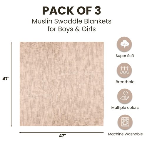 Konssy 3 Pack Muslin Swaddle Blankets for Unisex, Newborn Receiving Blanket, Large 47 x 47 inches, Soft Breathable Muslin Baby Swaddles for Boys & Girls