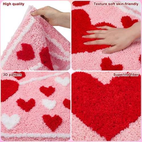 Lyrow Envelope Red Heart Tufted Bath Mat 17"x 29" Absorbent Love Heart Rug Red Pink White Non Slip Bath Rug Washable Front Door Mat for Wedding Home Bedroom Bathroom Decor
