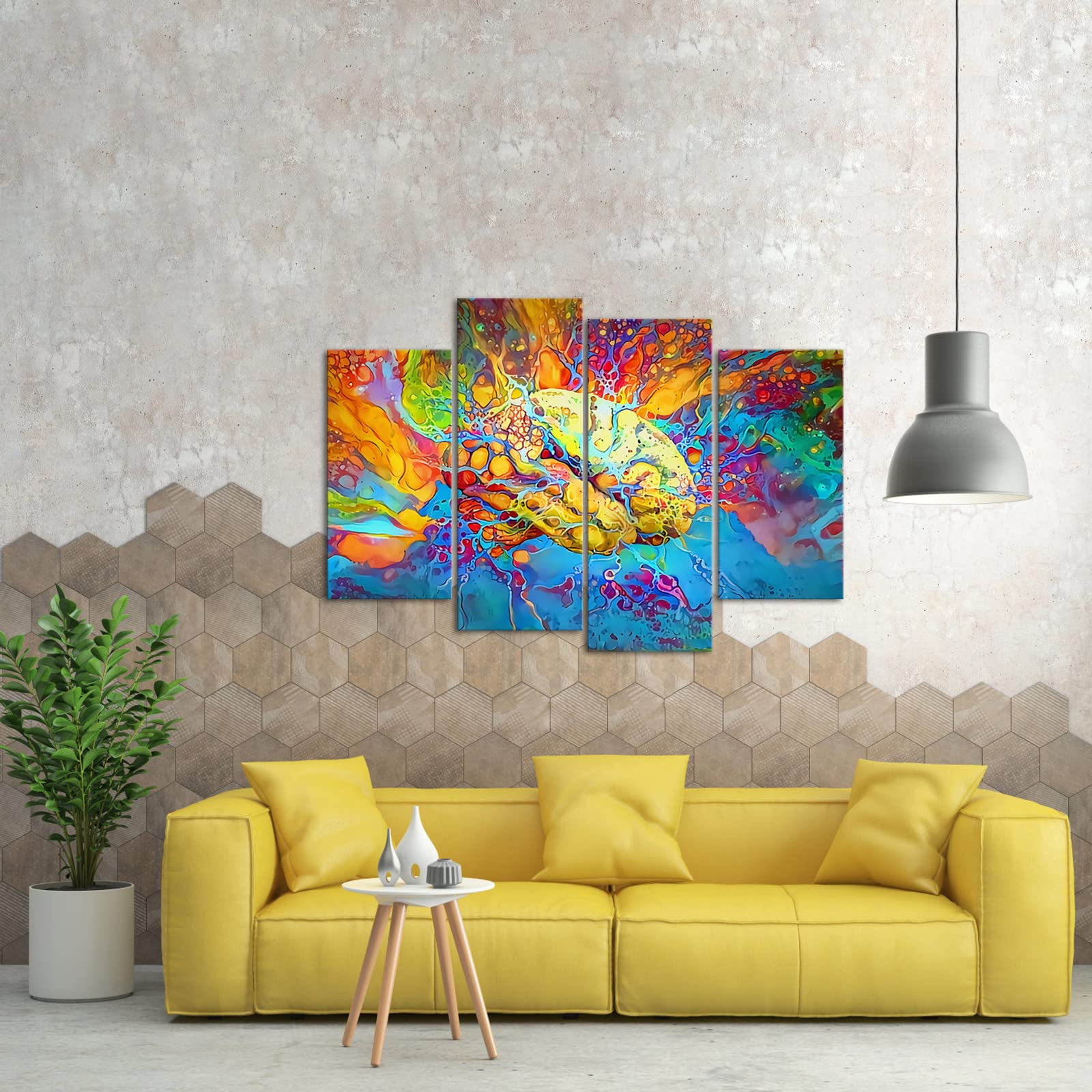 Large 4 Panel Psychedelic Brain Canvas Prints Inspirational Wall Art Left & Right Brain in Vivid Colors Pictures Science Poster Framed Canvas Print Artwork Office48x33inch
