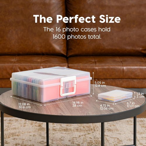 IRIS USA Photo Organizer Box - 4" x 6" Storage with Handle & 16 Inner Cases for Crafts - Clear