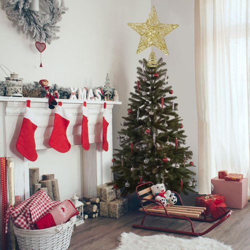 COMNICO Christmas Tree Topper Glittering Gold Hollow Small Star Mini Christmas Tree Decoration 5 Point Star Xmas Treetop Ornaments (15cm/5.9inches)