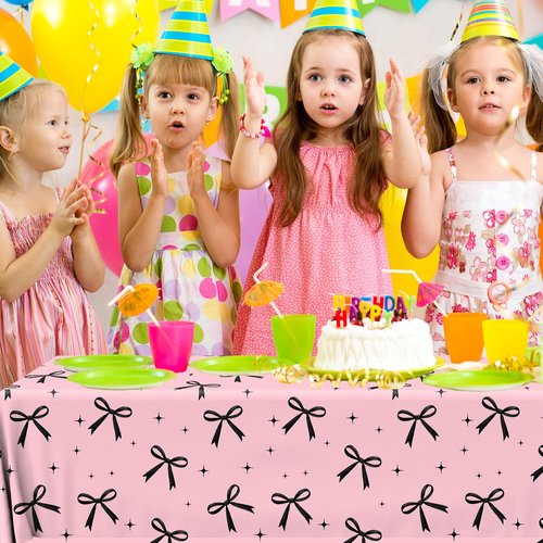 Guzbewu 3Pcs Pink Bow Tablecloth,Black Bow Table Decor,Coquette Birthday Decorations Black,Disposable Waterproof Party Supplies for Girls Baby Shower,Bridal Shower,Bachelorette Party