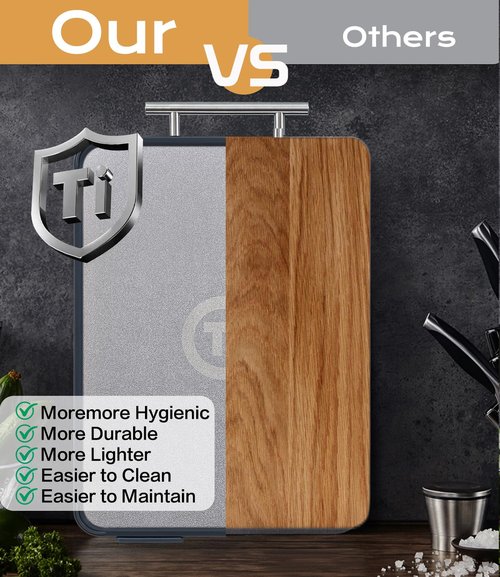 Titanium Cutting Board for Kitchen- Double Sided Cutting Board with Stand, Textured Food-Grade Pure Titanium Side for Chopping Meat, PP Side for Vegetables, Easy to Clean(14.5”×11”, 1 PC)