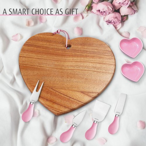 hecef 7pcs Cheese Board Set, Charcuterie Boards Set with Knives & Ceramic Bowls, Heart-shape Serving Board Set for Birthdays, Weddings, Feast, Housewarming(Pink)