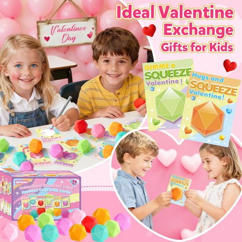 KIZZYEA Valentines Party Favors, 24 Pack Valentines Day Cards for Kids School with Diamond Squeeze Stress Balls, Valentines Day Gifts for Kids, Stretchy Toy for Classroom Prizes for Boys Girls