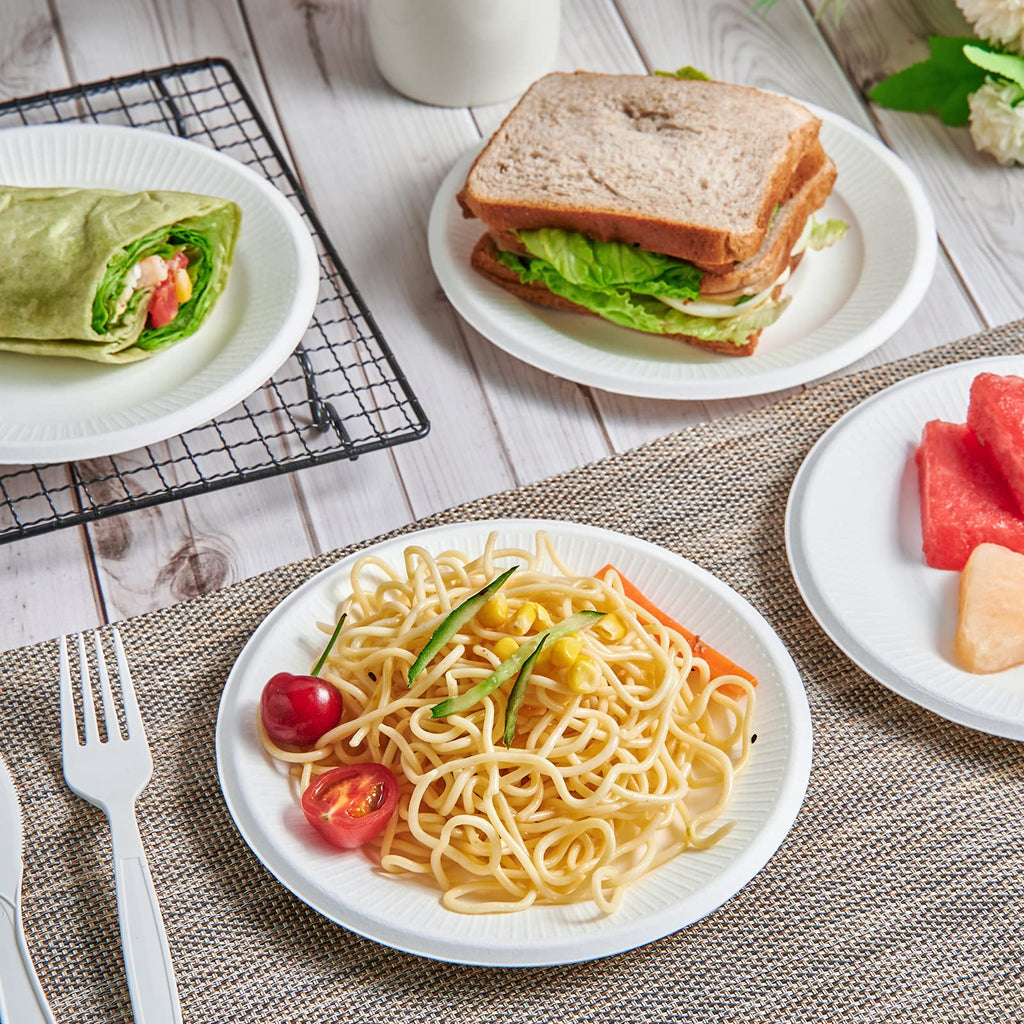 Vplus 100% Compostable Paper Plates, 200 Pack 7 Inch Disposable Paper Plates, Uncoated Biodegradable, Made of Sugar Cane Fibers, Perfect for Sandwich, Cake, and Snack