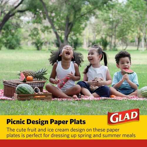 Glad Round Disposable Paper Plates, Picnic Pattern - Strong, Sturdy, Soak Proof, and Microwavable Decorative Plates for Dinner and Everyday Use, 10 Inch, 50 Count