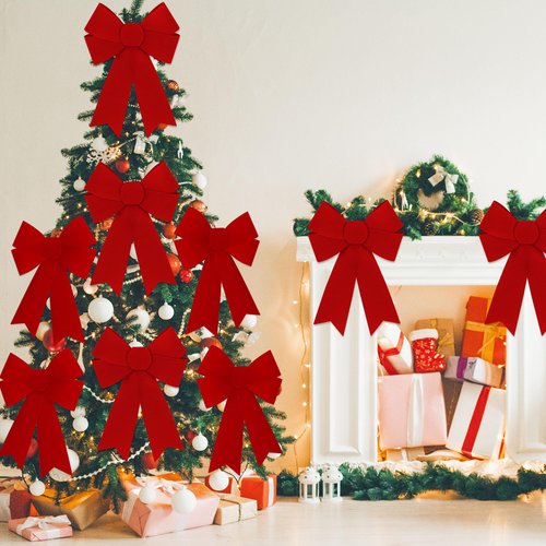 Heartome 12 PCS Christmas Bows for Tree, 9 x12 in Large PVC Bows for Christmas Decorations Indoor, Red Plastic Xmas Bows, Outdoor Xmas Home Wreath Fence Stairs Railing Fireplace Front Door Supplies