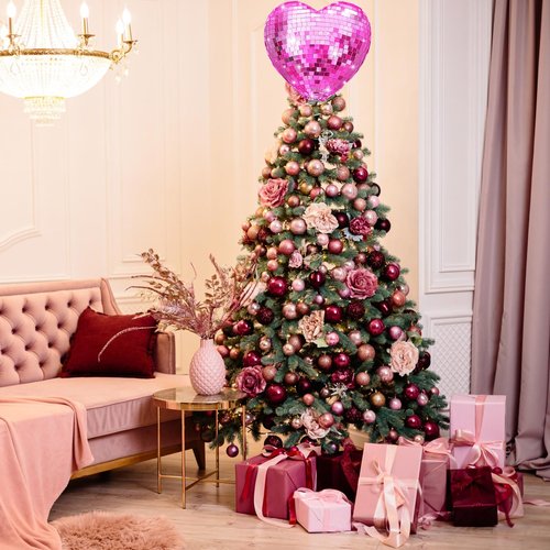 Gejoy Valentine's Day Tree Topper Disco Heart Sequin Ball Treetop Decoration Glitter Heart Ornament Flash Love Topper Decor 9.06'' x 6.69'' for Valentine's Day Party Supplies Gift(Pink)