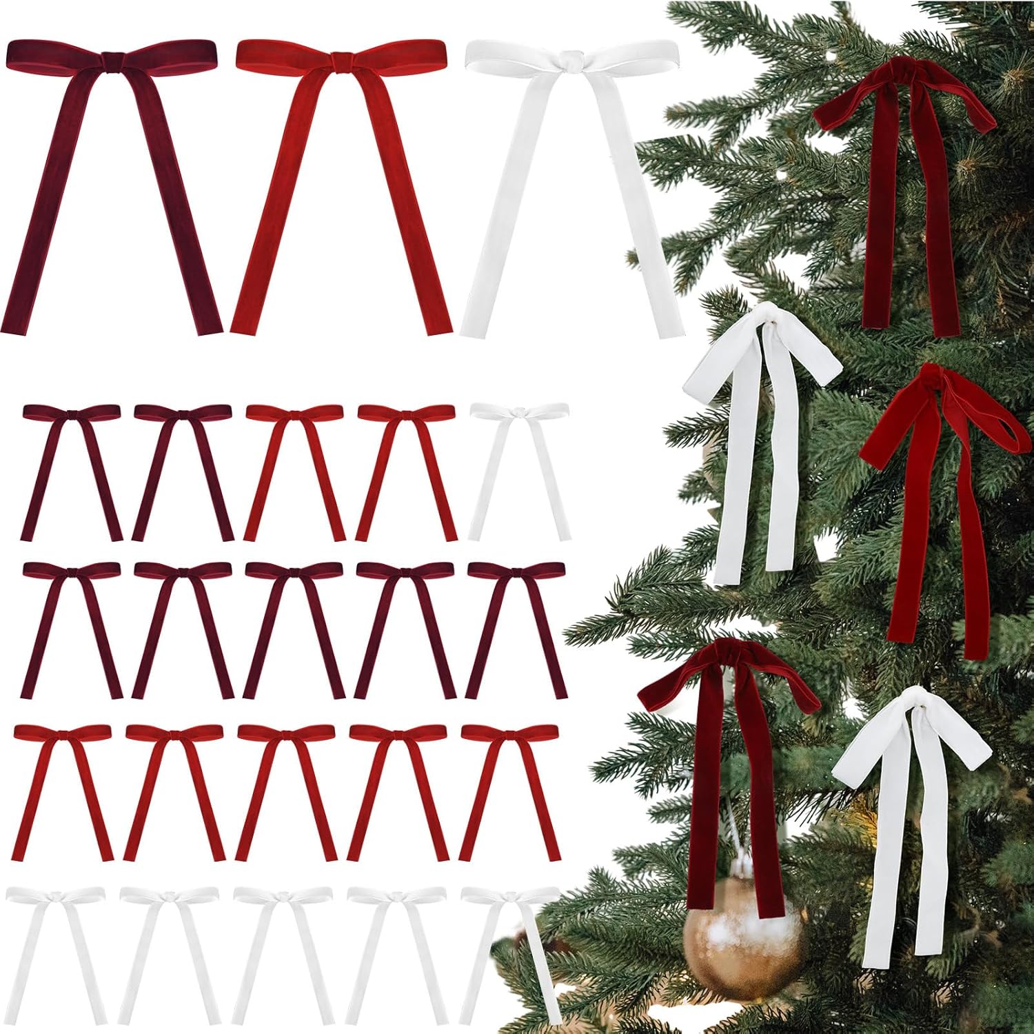 Skiennix 24 Pcs Velvet Bows - Vintage Ribbon Bows for Christmas Tree & Crafts | Red, Burgundy, White (5 x 7 Inch)
