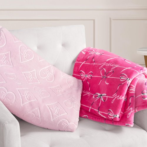 Juicy Couture Plush Throw Blanket Set - 2 Piece Set: 50" x 70" & 60"x 90", Royal Embossed/Bow