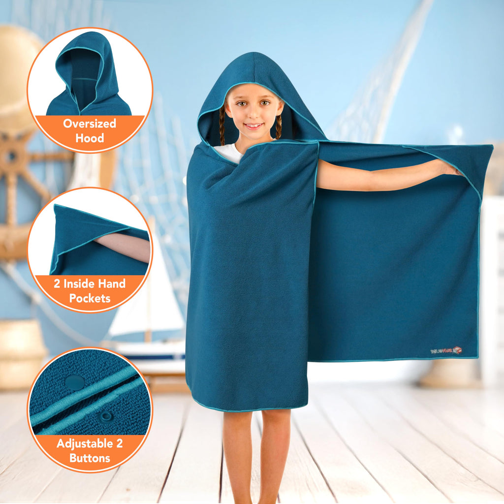 SUN CUBE Kids Hooded Towel, Absorbent Quick Dry Beach Bath Towel, Swim Surf Poncho Wrap Shower, Pool, Bath, Boys, Girls, Large 30x60 inch, Age 3-9 Years, Sea Blue