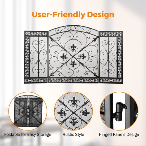 BEAMNOVA Black Decorative Fireplace Screen, 52.4 x 30.7 in, Heraldic Lily, 3-Panel Freestanding Folding Spark Guard Mesh, Heavy-Duty Fire Screen for Indoor Fireplaces Outdoor Fire Pits