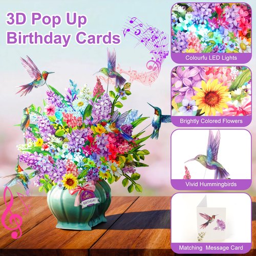 Birthday Cards, Light and Music Happy Birthday Card, Hummingbird Oasis, 10 Inch Life Sized Forever Flower Bouquet, 3D Pop Up Birthday Gift Card for Women Wife Mom Daughter Sister (Blank Notecard & Envelope)