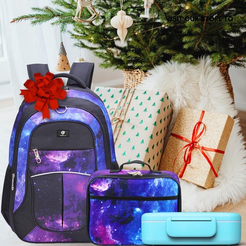 Fenrici Galaxy Backpack and Lunch Box for Kids, 18" Kids Galaxy Backpack Set for School, Space, Purple