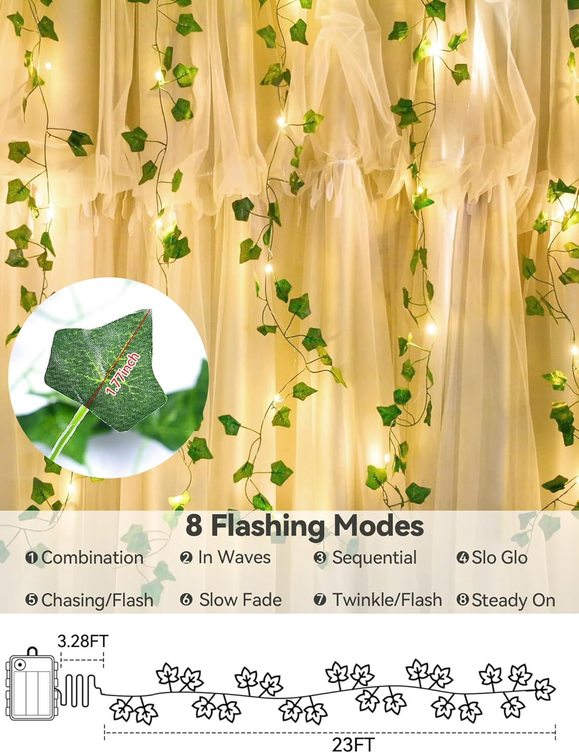 Skiennix Ivy Twinkle Lights - 23ft Battery Operated LED Leaf String Lights | Warm White for Bedroom & Party Decor