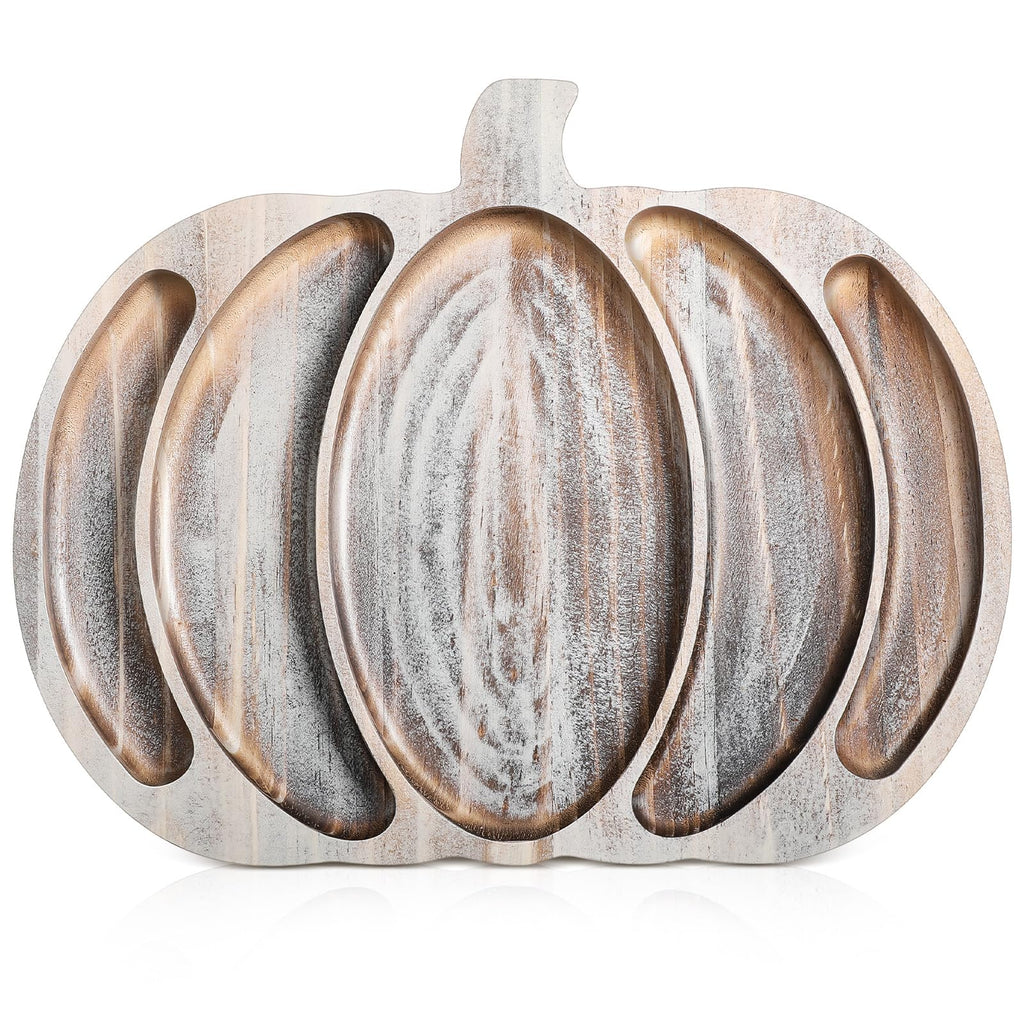Sliner Fall Pumpkin Wooden Serving Dish Platter Thanksgiving 15" L x 12" W Pumpkin Shaped Charcuterie Board Snack Wood Cutting Board Sectional Dish Plate for Home Gifts(Walnut Color)