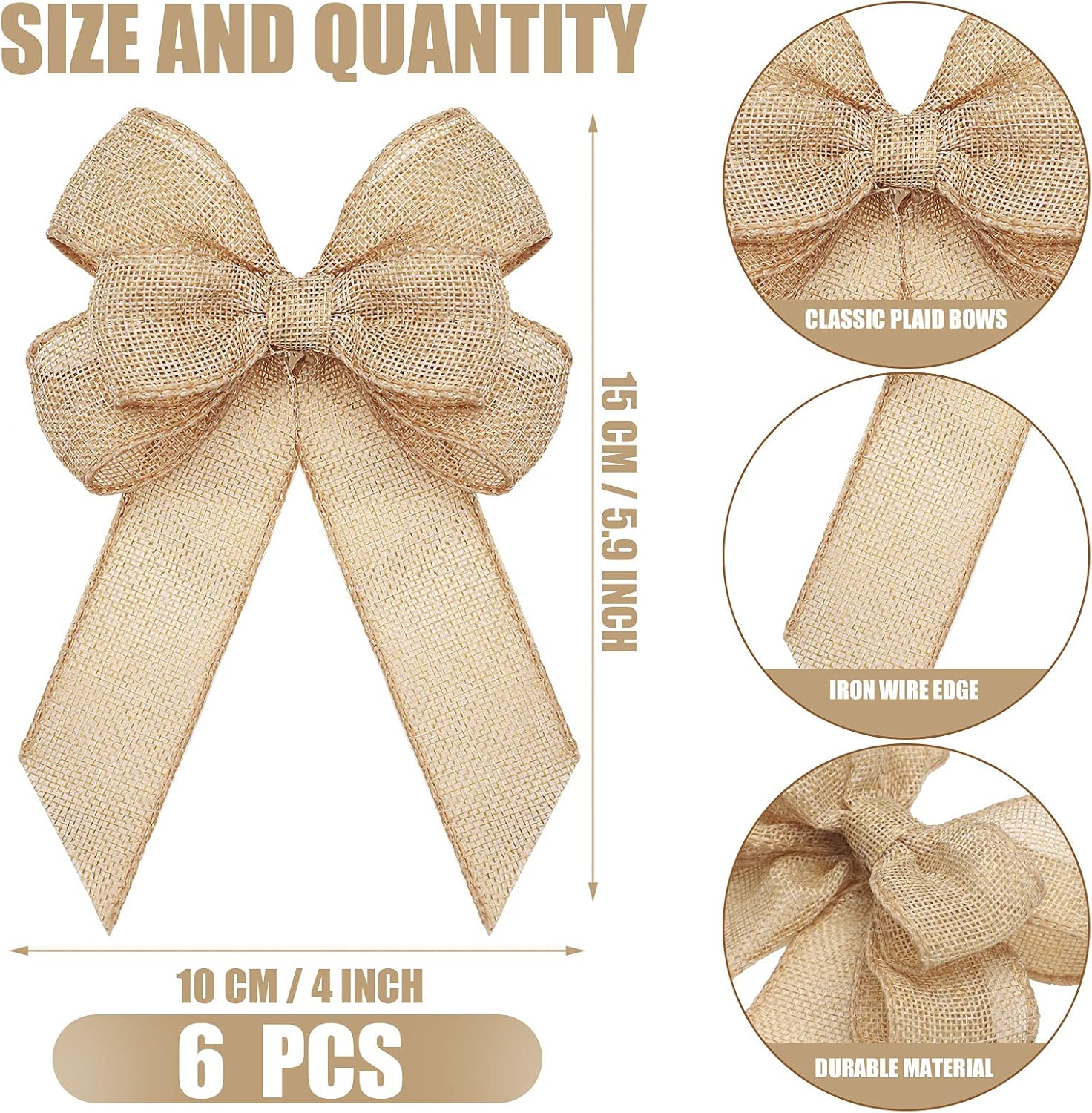 Xinnun Christmas Burlap Bows - Handmade Rustic Ribbon Ornaments for Tree & Wreath Decor | Set of 6, Beige