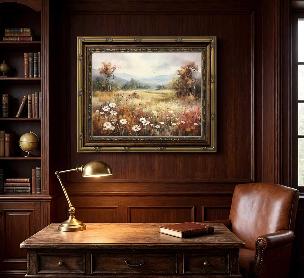 Vintage Gold Framed Wall Art - Retro Floral Landscape Canvas Print for Living Room & Bedroom | 9x11 Inch