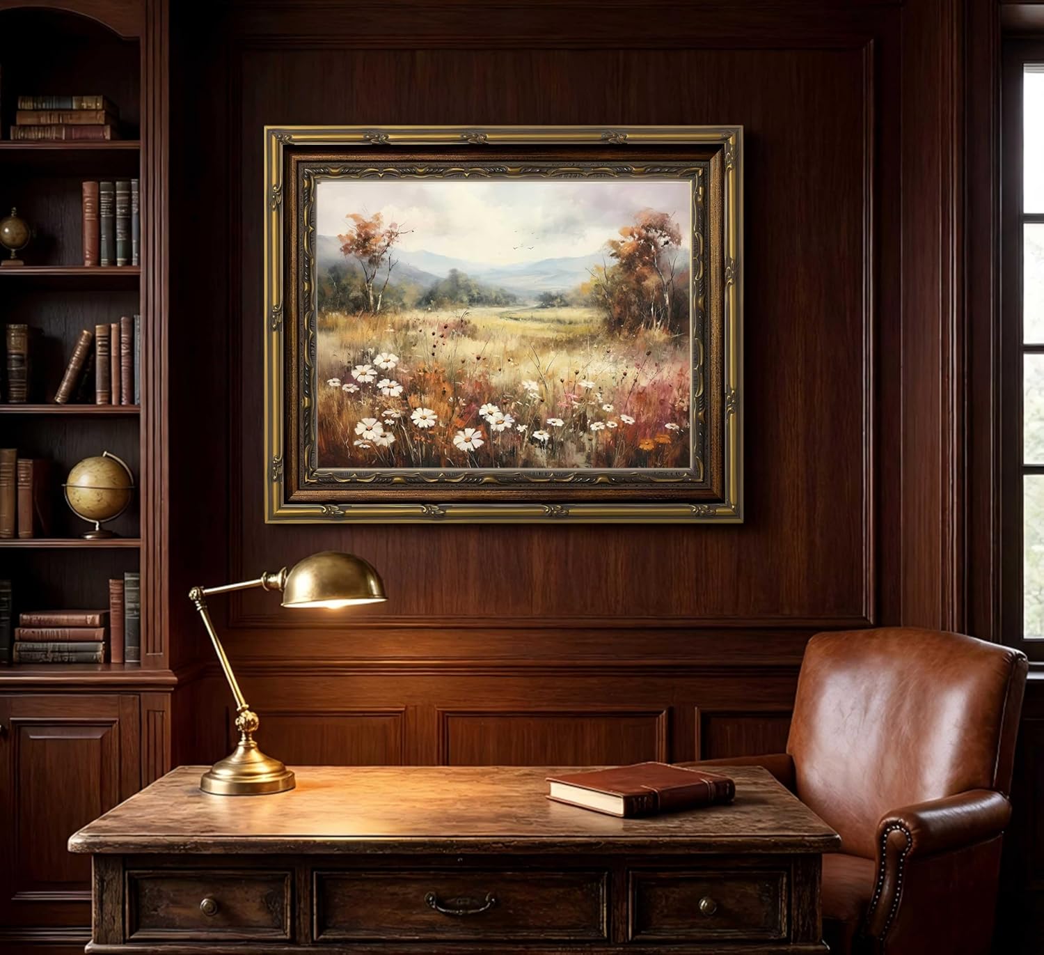 Vintage Gold Framed Wall Art - Retro Floral Landscape Canvas Print for Living Room & Bedroom | 9x11 Inch