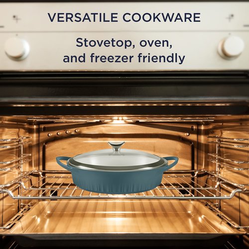 CorningWare QuickHeat 4-QT Cast Aluminum Braiser With Lid, Nonstick Ceramic Interior, Lightweight and Fast Even Heat Baking & Cooking, For Meats, Soup, Browning, Searing, French Navy