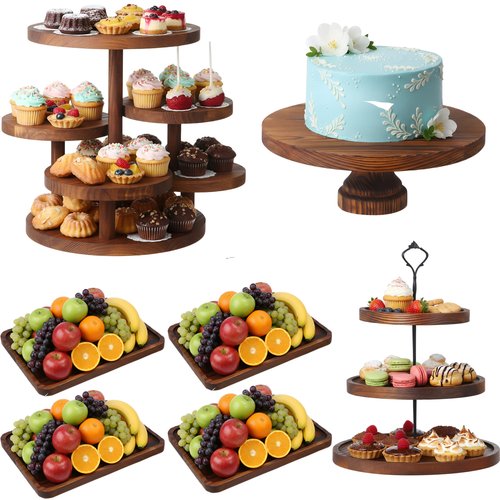 RattanView 7 Pcs Wooden Dessert Table Display Set Round Cupcake Tower Stand Rectangular Serving Tray Cookie Cake Macaron Platter for Display Centerpiece Tea Party Baby Shower Wedding Birthday