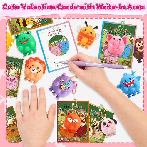 LUBUYILD Valentines Day Cards for Kids School - 24 PCS 3D Animal Pop Suction Toys with Valentines Cards, Cute Unique Class Exchange Gifts, Party Favors and Classroom Prizes for Boys Girls
