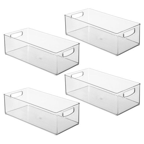 Plastic Stackable Pantry Bin - Organizer Bin with Handles for Cabinets or Fridge - Set of 4 - Clear