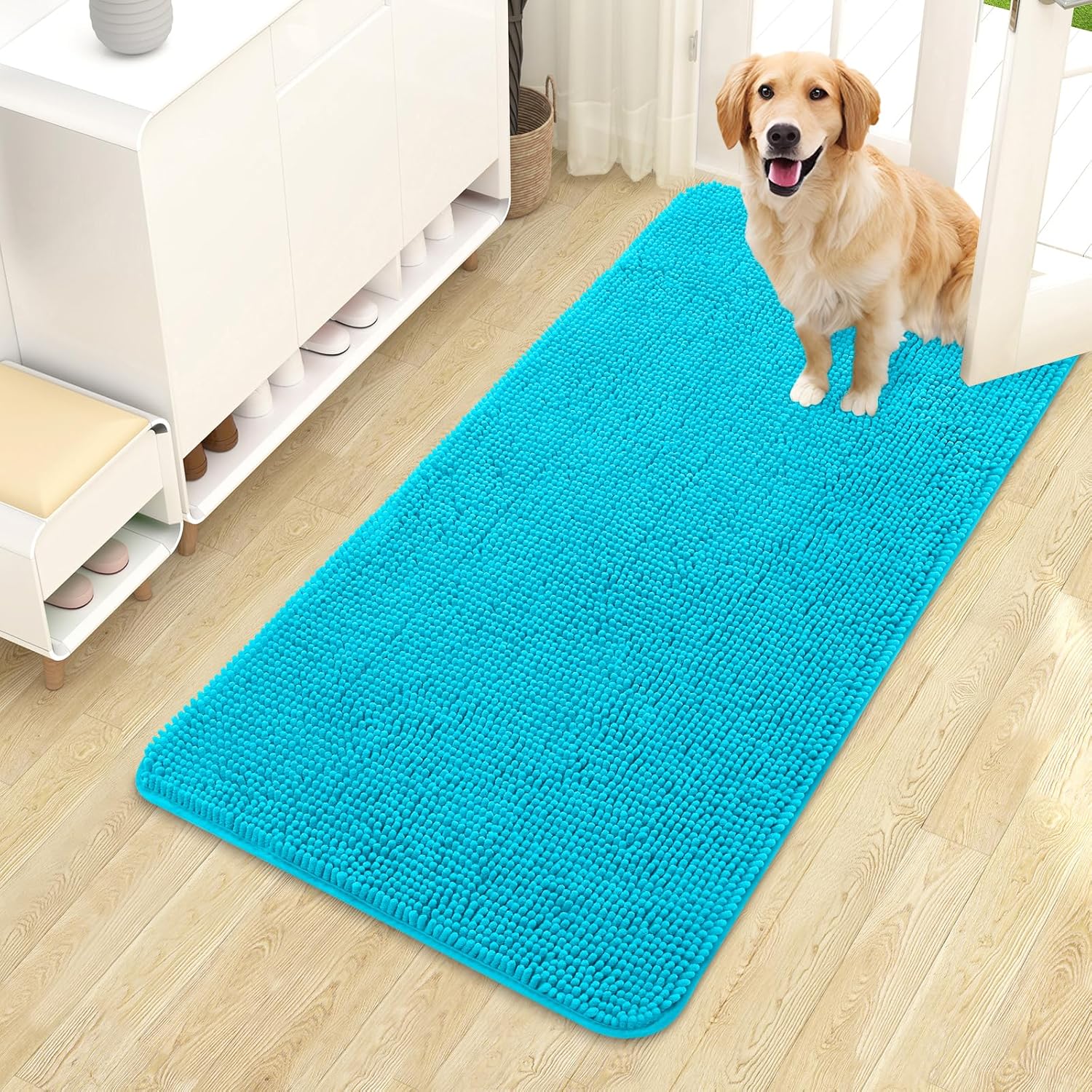 OLANLY Dog Door Mat - Absorbent Non-Slip Chenille Mat for Muddy Paws | 44x24 Inches, Aqua Blue