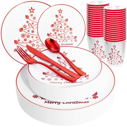 Supernal 150pcs Christmas Plastic Dinnerware Include Red Plastic Plates, Disposalbe Cups,Christmas Party Supplies,Red Plastic Silverware for Christmas Party and New Year