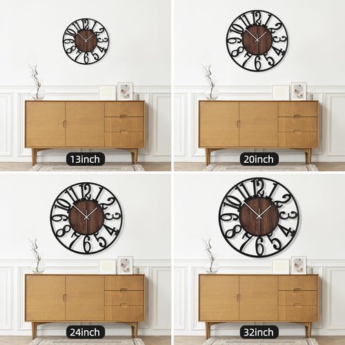 Maxstar Round Wall Clock for Living Room Decor Battery Operated Non Ticking Black Metal Wood Clocks for Home Living Room Garden Office Kitchen Decoration -16 inch