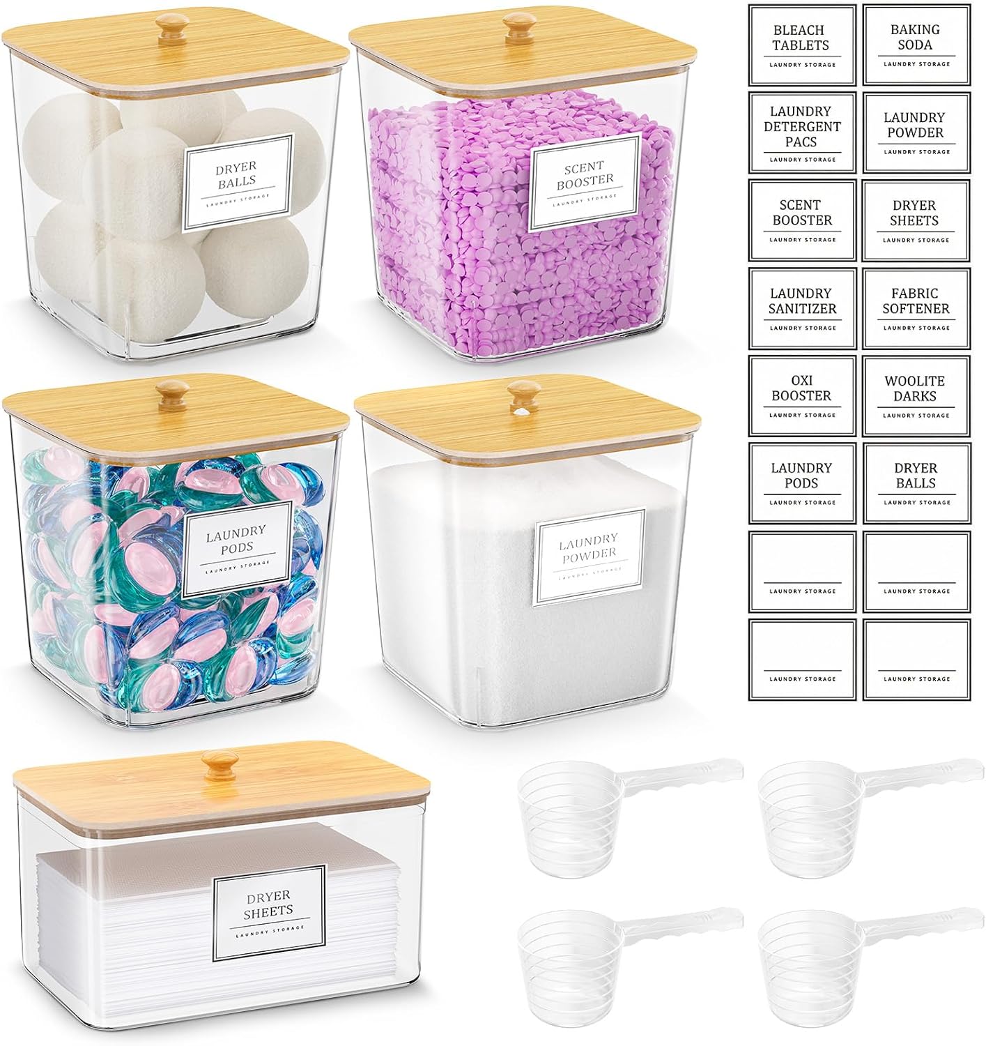 Skiennix Laundry Organization Containers - Clear Storage for Detergent & Pods | Large with Wooden Lids & Labels