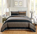 Grand Linen 3-Piece Fine Printed Oversize (100" X 95") Quilt Set All-Season Reversible Bedspread Coverlet Queen Size Bed Cover (Black, Brown, Taupe, Beige Lattice)