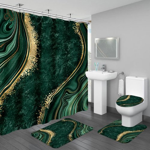 BayNook 4PCS Emerald Green Gold Marble Shower Curtain Sets with Rugs, Abstract Bathroom Sets with Shower Curtain and Rugs, Bathroom Curtains Shower Set with Toilet Lid Cover for Bathroom Decor