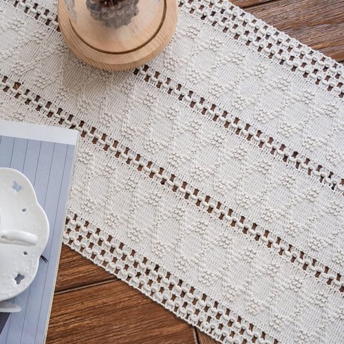 Alynsehom Macrame Table Runner Cream Beige Boho Table Runners with Tassels Hand Woven Cotton Table Runner Rustic Farmhouse Table Runners for Bohemian Kitchen Dining Table(12x60in)