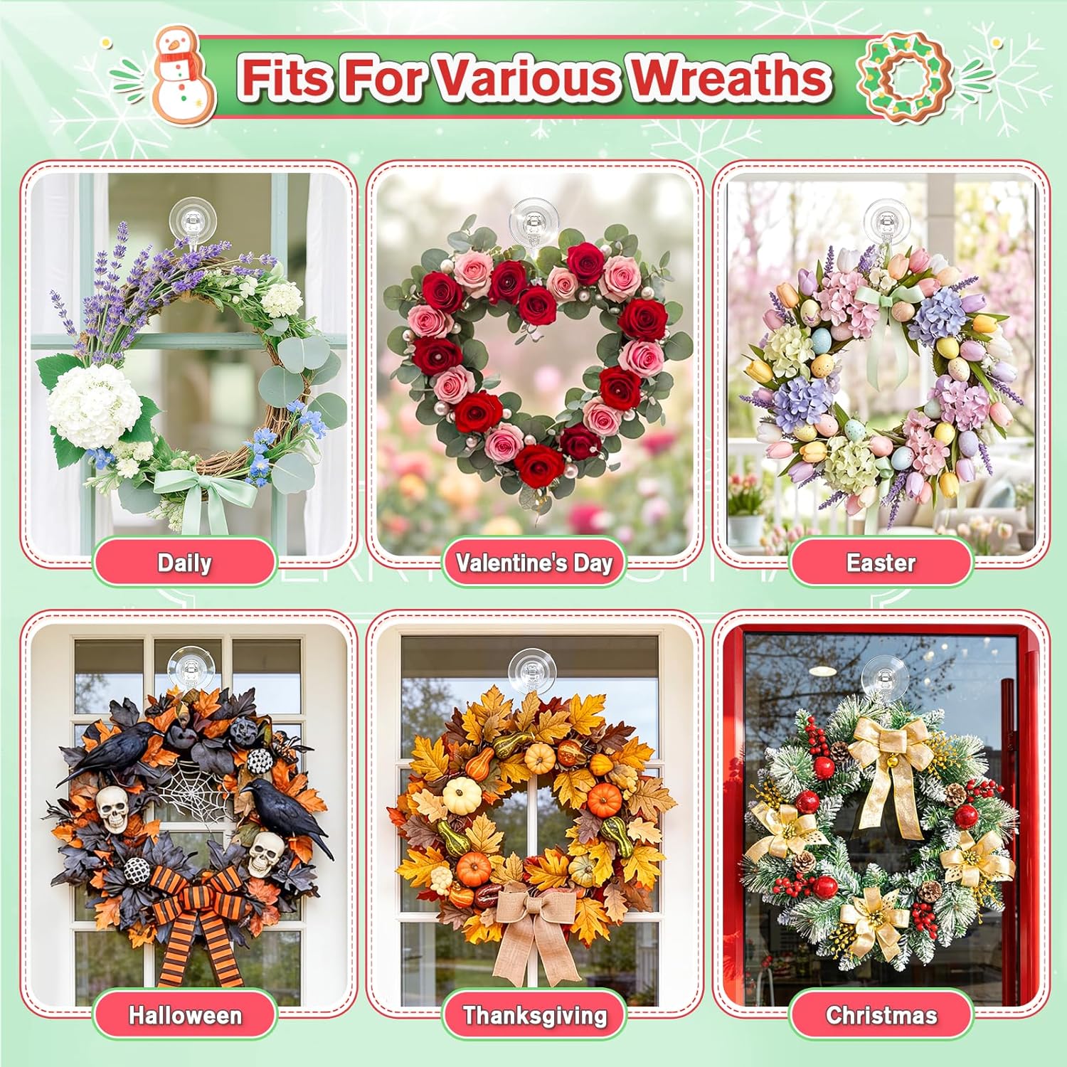 VIS'V Wreath Hanger - Heavy Duty Suction Cup Hooks | 22 LB Capacity, Clear, 6 Pack, Removable & Reusable