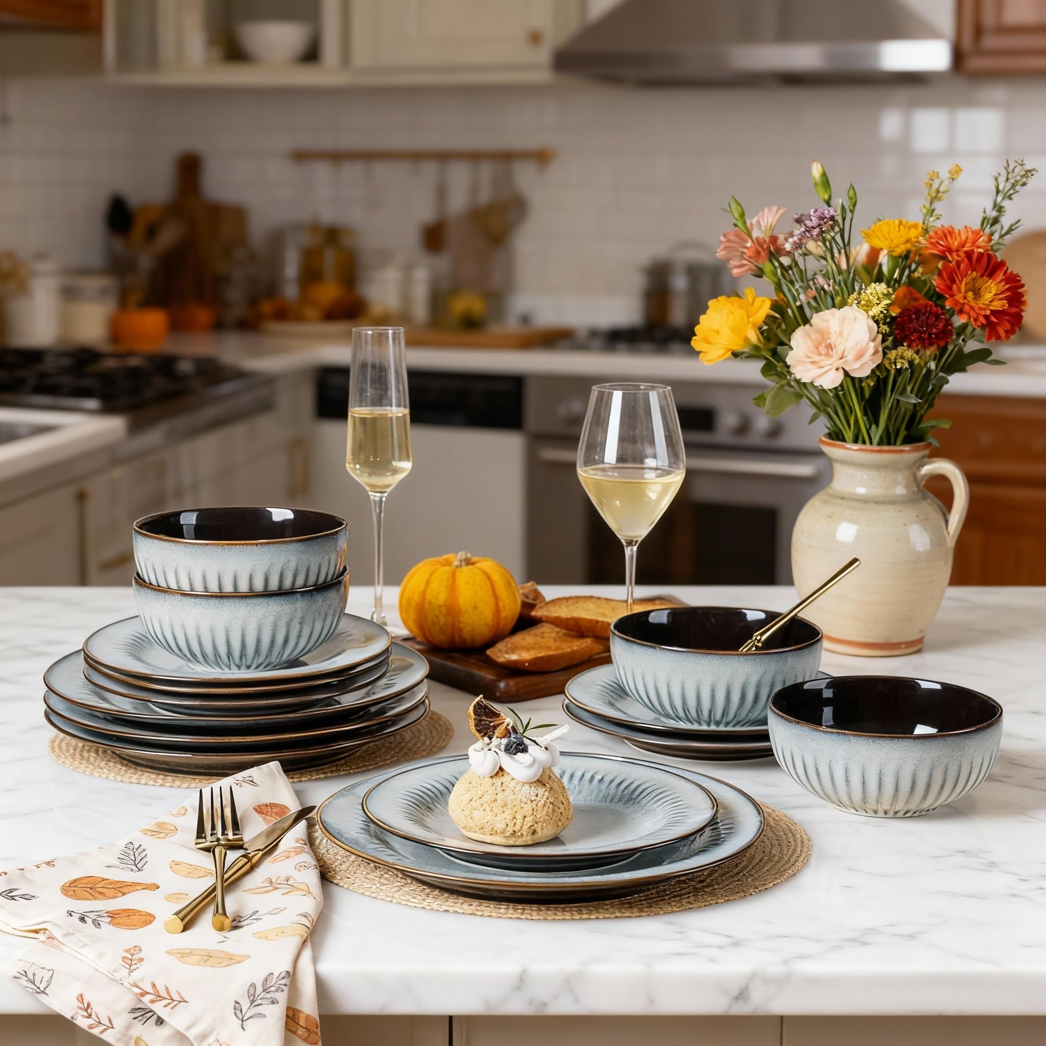LERATIO Ceramic Dinnerware Sets,Handcraft Embossed Stoneware Plates and Bowls Sets,Highly Chip and Crack Resistant | Dishwasher & Microwave & Oven Safe Dishes set,Service for 4 (12pc)-Gray White