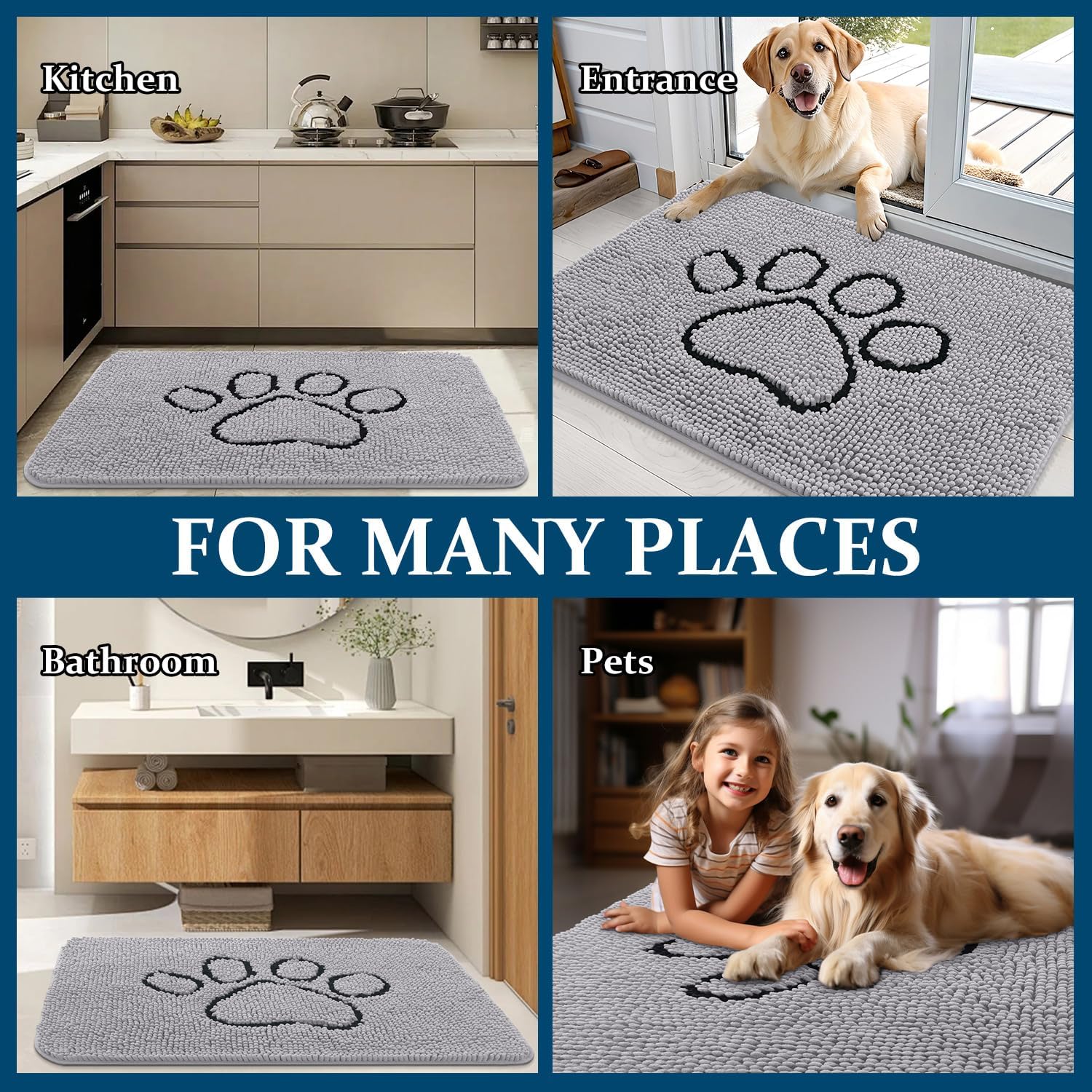 OLANLY Dog Door Mat - Absorbent Muddy Paws Doormat | Non-Slip Chenille 48x30, Light Grey