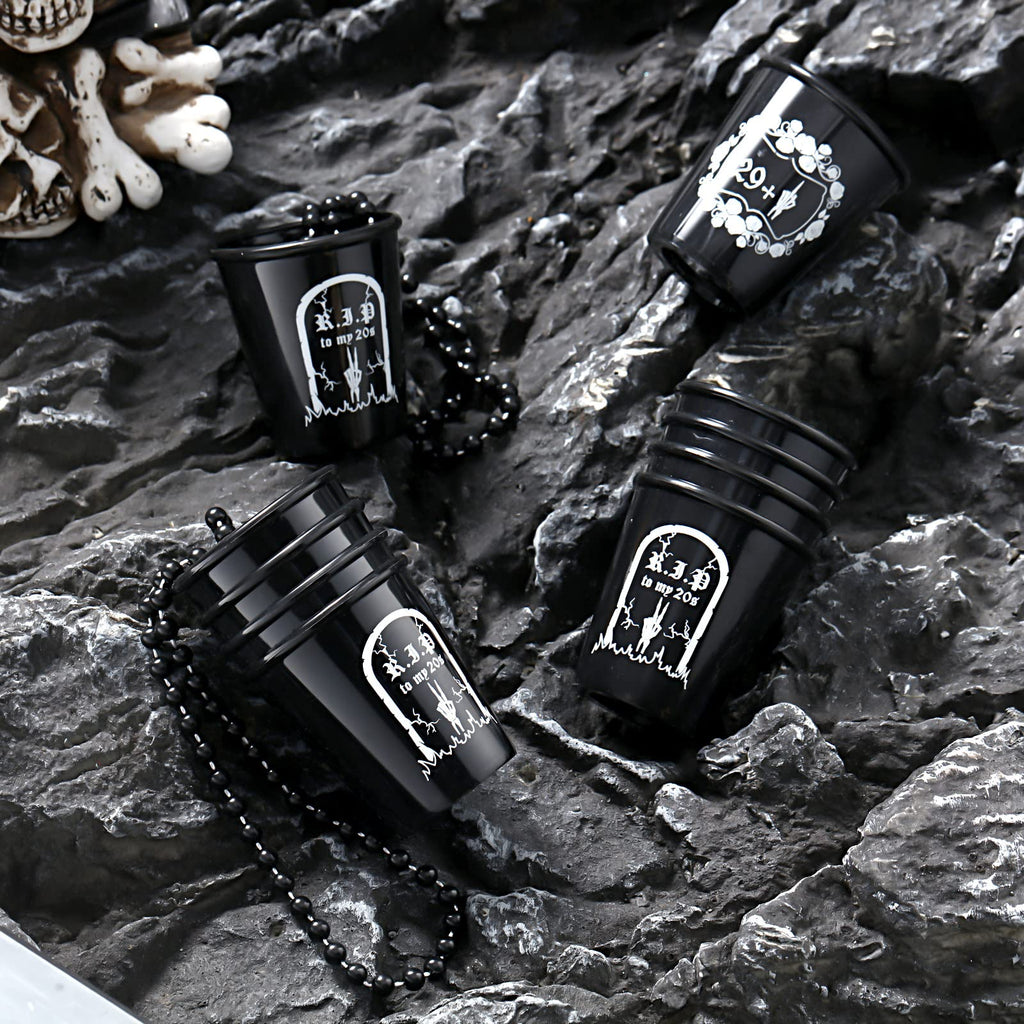 Sasylvia 24 Pcs Rip to My 20s Shot Glass Necklace Death to Twenties 30th Birthday Decorations Dirty Small Plastic Shot Cups Black Funny Birthday Party Favors Gag Gifts for Women Men Him Her
