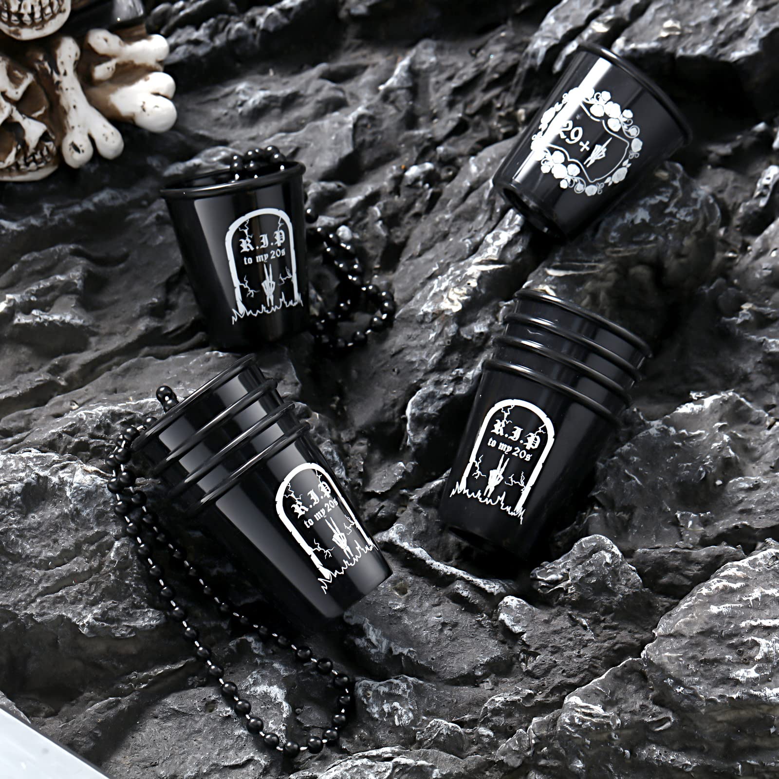 Sasylvia 24 Pcs Rip to My 20s Shot Glass Necklace Death to Twenties 30th Birthday Decorations Dirty Small Plastic Shot Cups Black Funny Birthday Party Favors Gag Gifts for Women Men Him Her