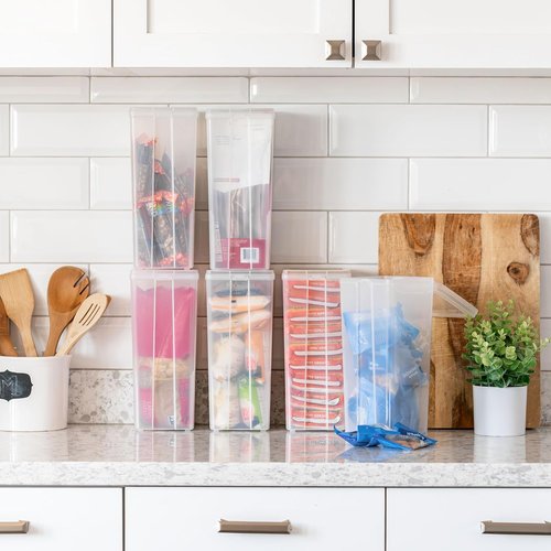 IRIS USA Vertical Storage Containers - Stackable Plastic Bins with Lids | Clear, Large, 6 Pack for Home & Office Organization