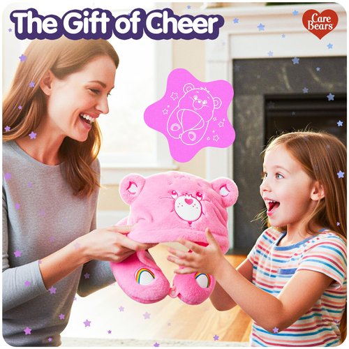 Care Bears - Cheer Bear Snuggle Hood, Travel Pillow with Hood, Soft Plush Neck Support, Lightweight, Comfortable and Breathable, Airplane, Care and Train Travel - Pink