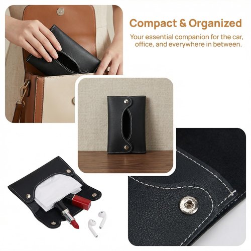 OKKRMGZ 2Pcs Pocket Tissue Holder for Purse Travel Size Bag Case for Paper Towels Reusable PU Storage Pouch Car Tissue Box Holder for Toilet Paper Compact Use Black