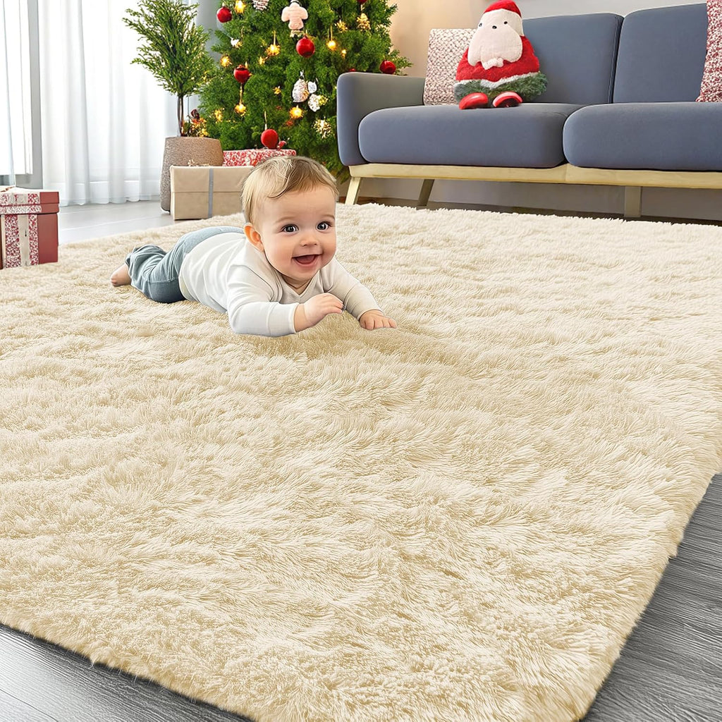 OLANLY Area Rugs - Soft Fluffy Shaggy Indoor Carpet for Living Room & Bedroom | 4x5.9 ft Cream