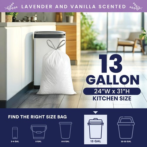 Plasticplace 13 Gallon White Drawstring Trash Bags │ 1.2 Mil │ Lavender and Soft Vanilla Scented Garbage Can Liners │ 24" x 31" (50 Count)